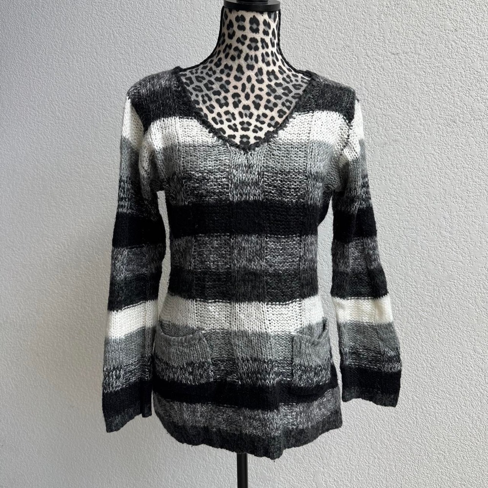 Bobbie Brooks black, white, and gray striped sweater with pockets size M.